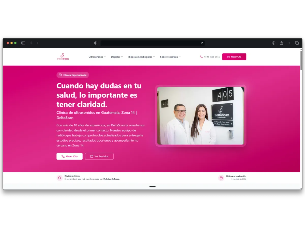 DeltaScan medical website with service navigation and an appointment button