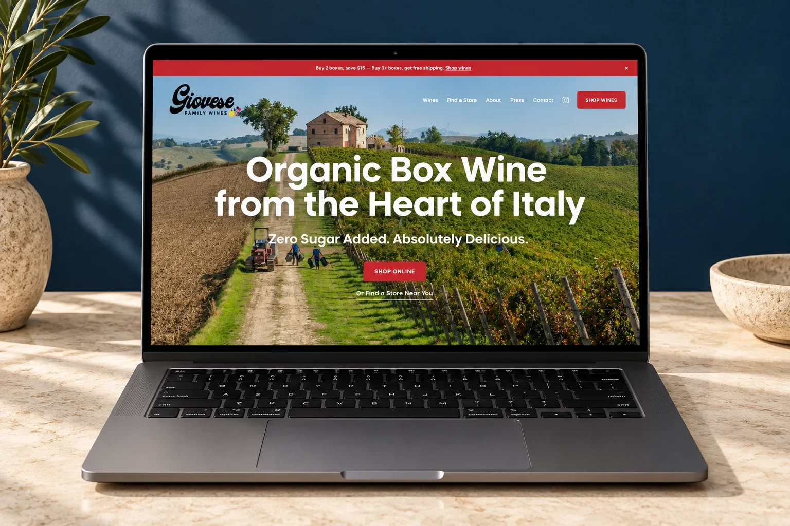 Laptop mockup of the Giovese store migrated from Squarespace to Shopify