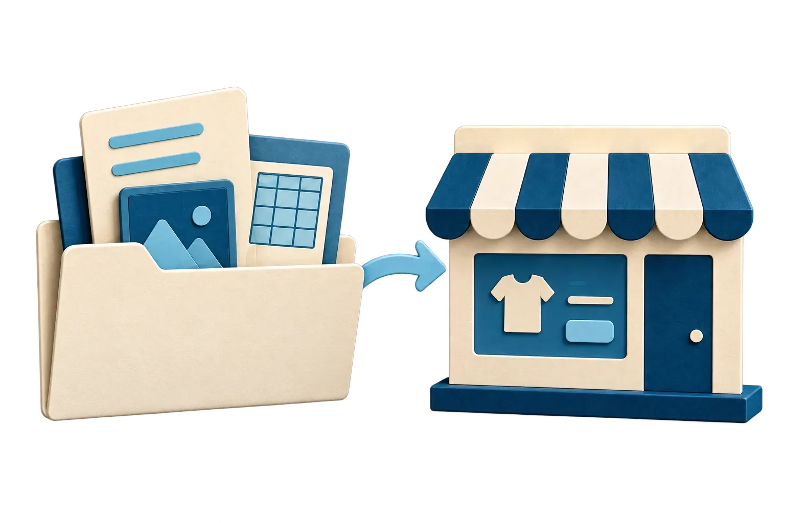 Product images, records, and content moving from a folder into a new storefront
