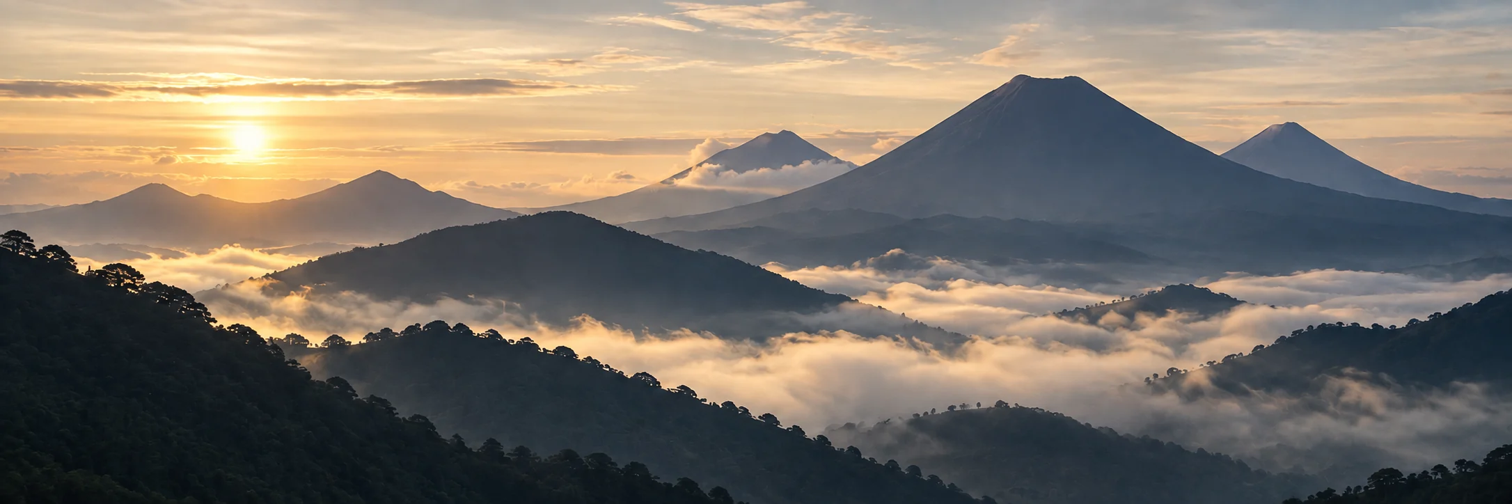 An imagined view of Guatemala's volcanic highlands at dawn.