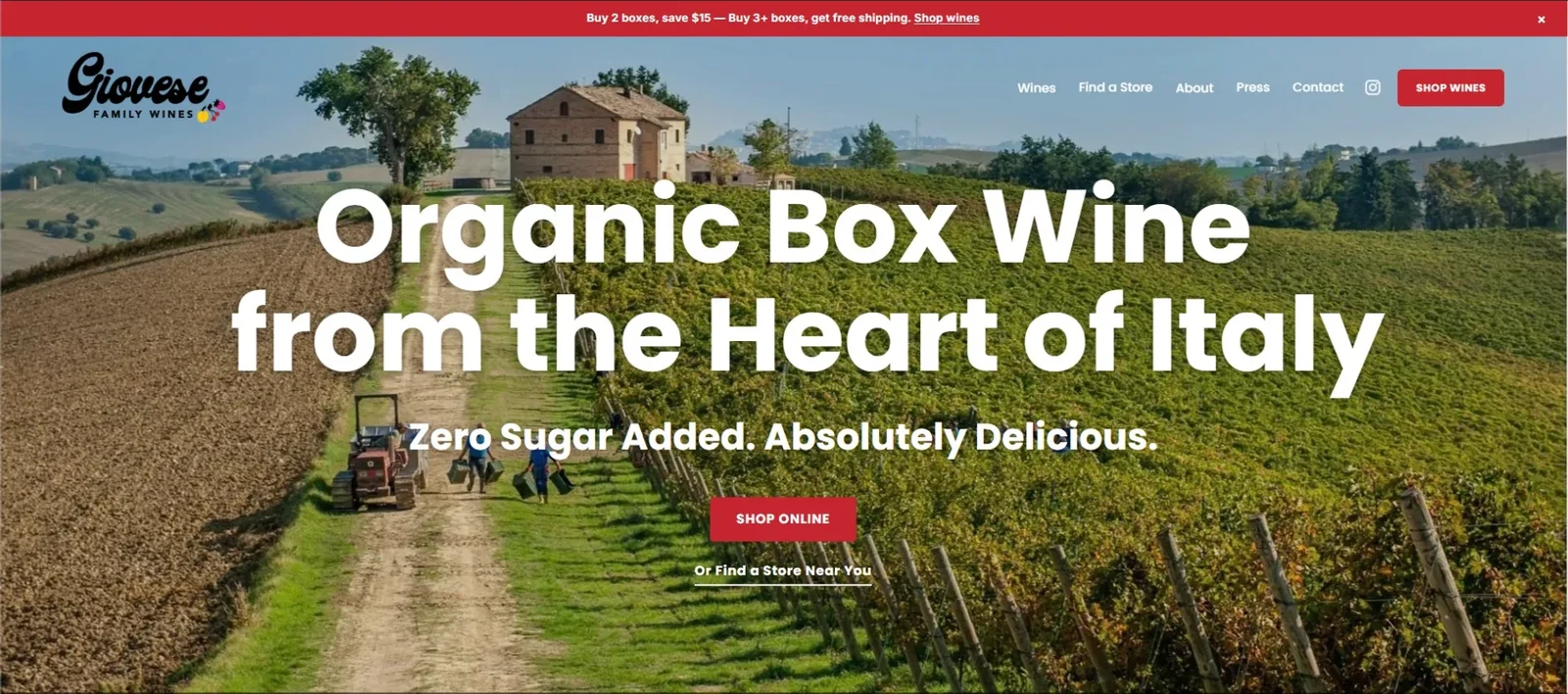 Giovese Family Wines Shopify storefront, showing its vineyard and organic boxed wine range.