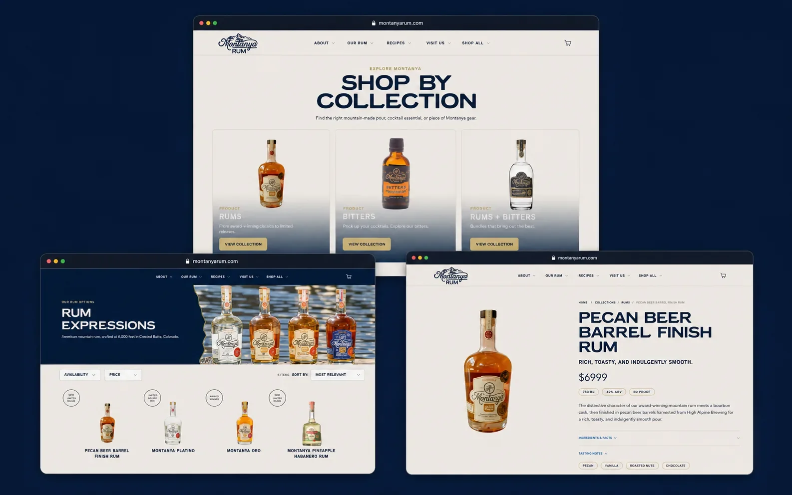 Montanya Rum Shopify storefront, with rum bottles organized by collection