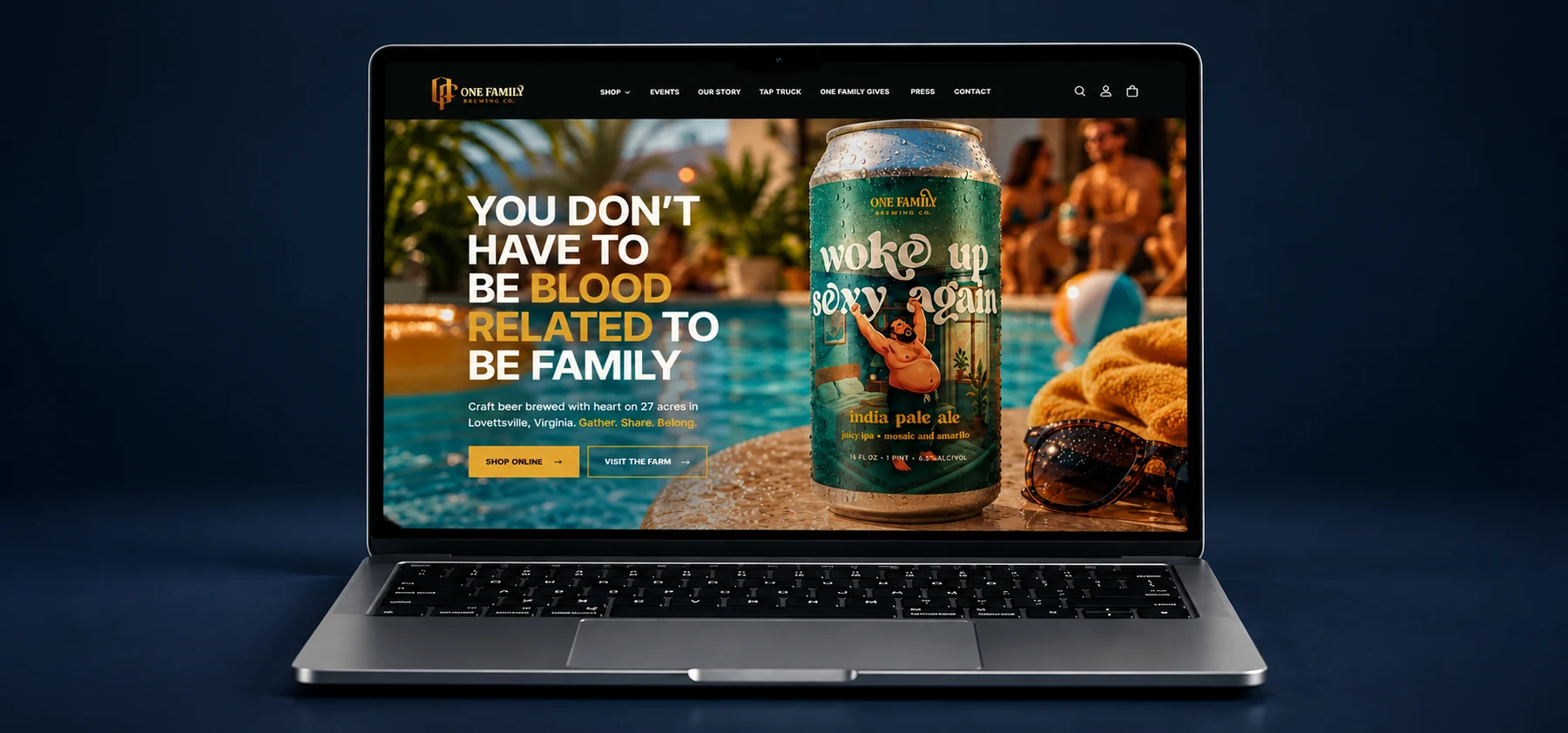One Family Brewing website displayed on a laptop, with its beer collection and family message