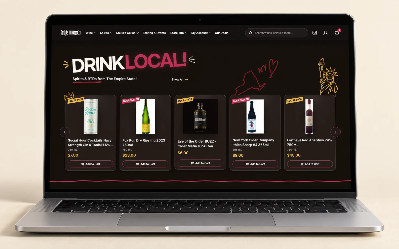 Stella’s Juicebox Drink Local website displayed on a laptop, with its New York product collection