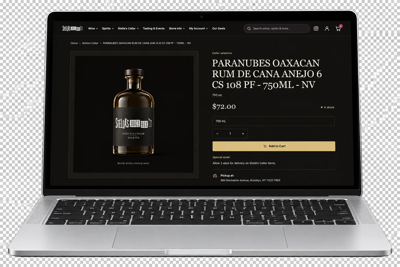 Stella’s Juicebox product page, showing a Stella’s Cellar bottle, price, pickup details, and add-to-cart controls