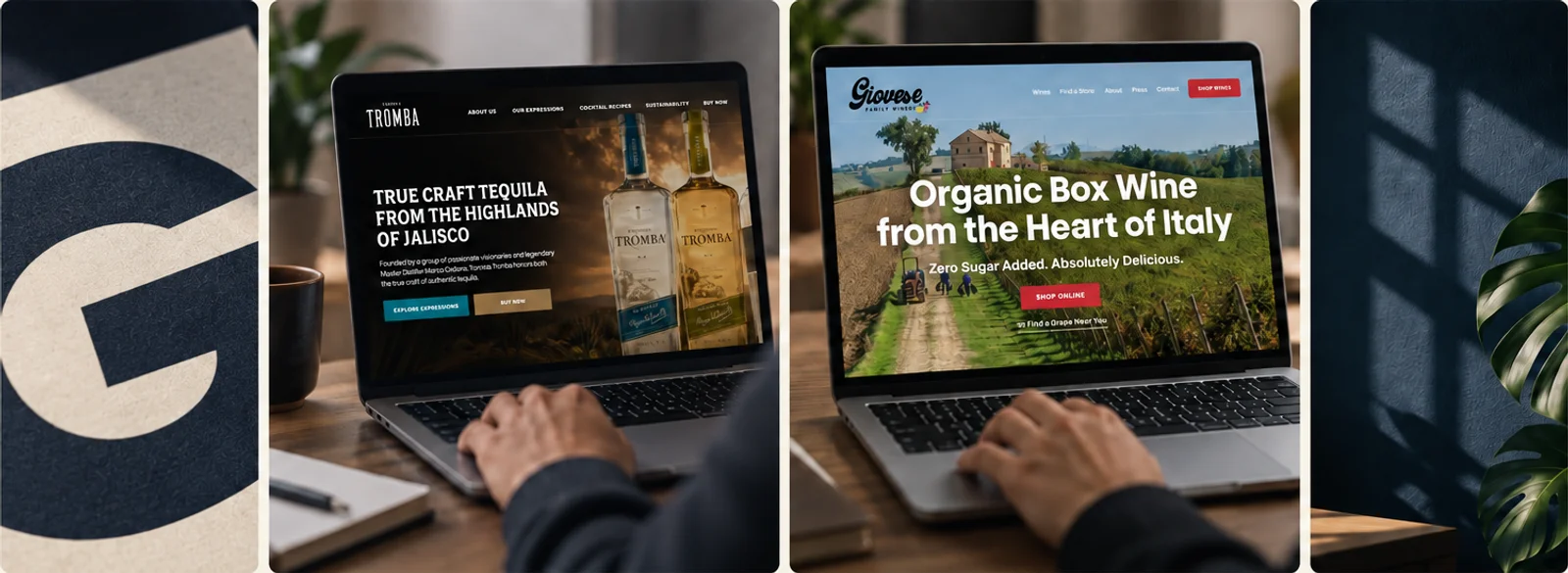 Tromba Tequila and Giovese Family Wines website concepts presented side by side