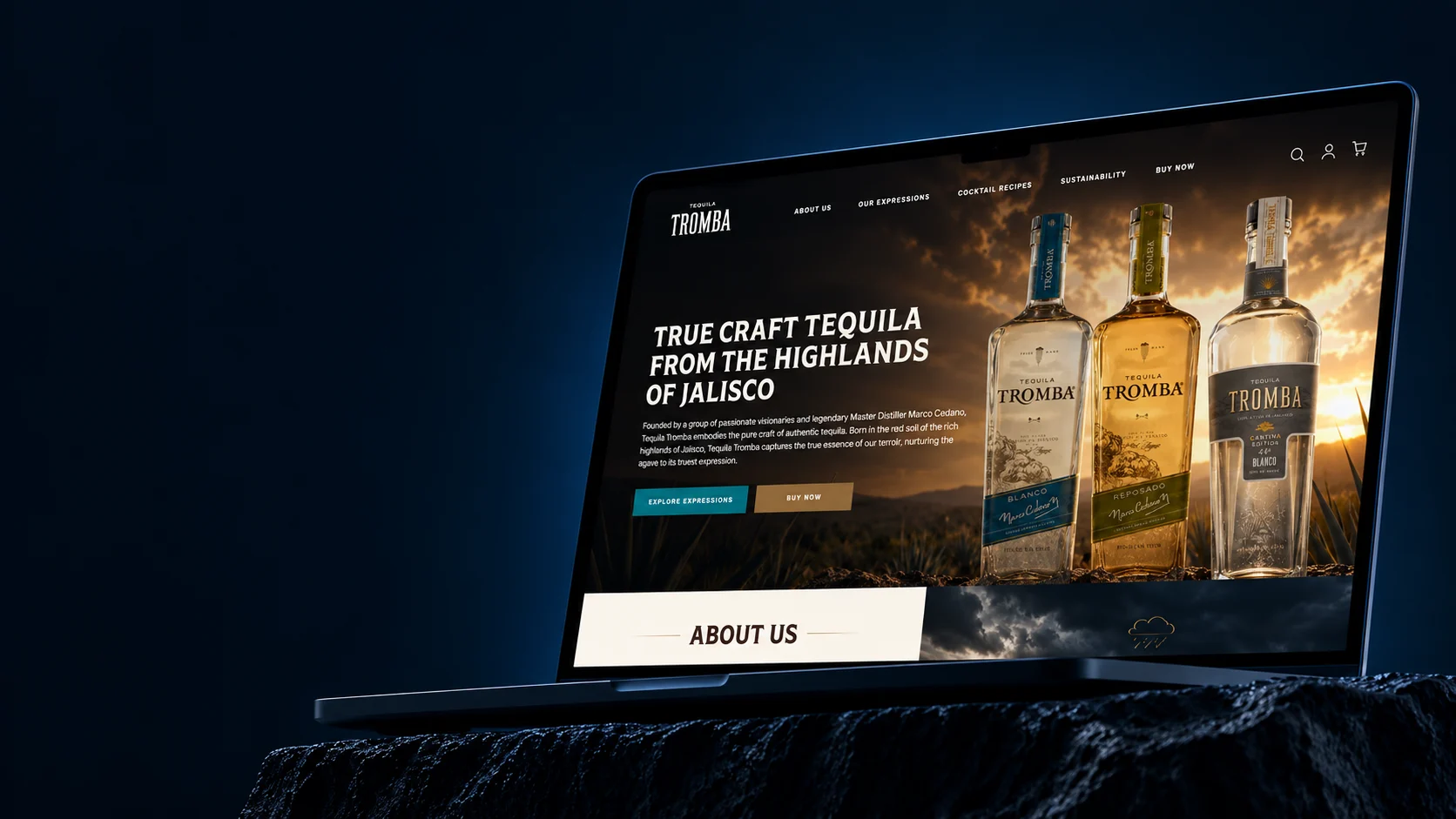 The Tromba Tequila website presented on a laptop against a dark volcanic backdrop