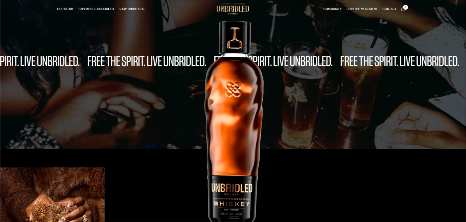 Unbridled Bourbon website with its amber bottle and original brand imagery