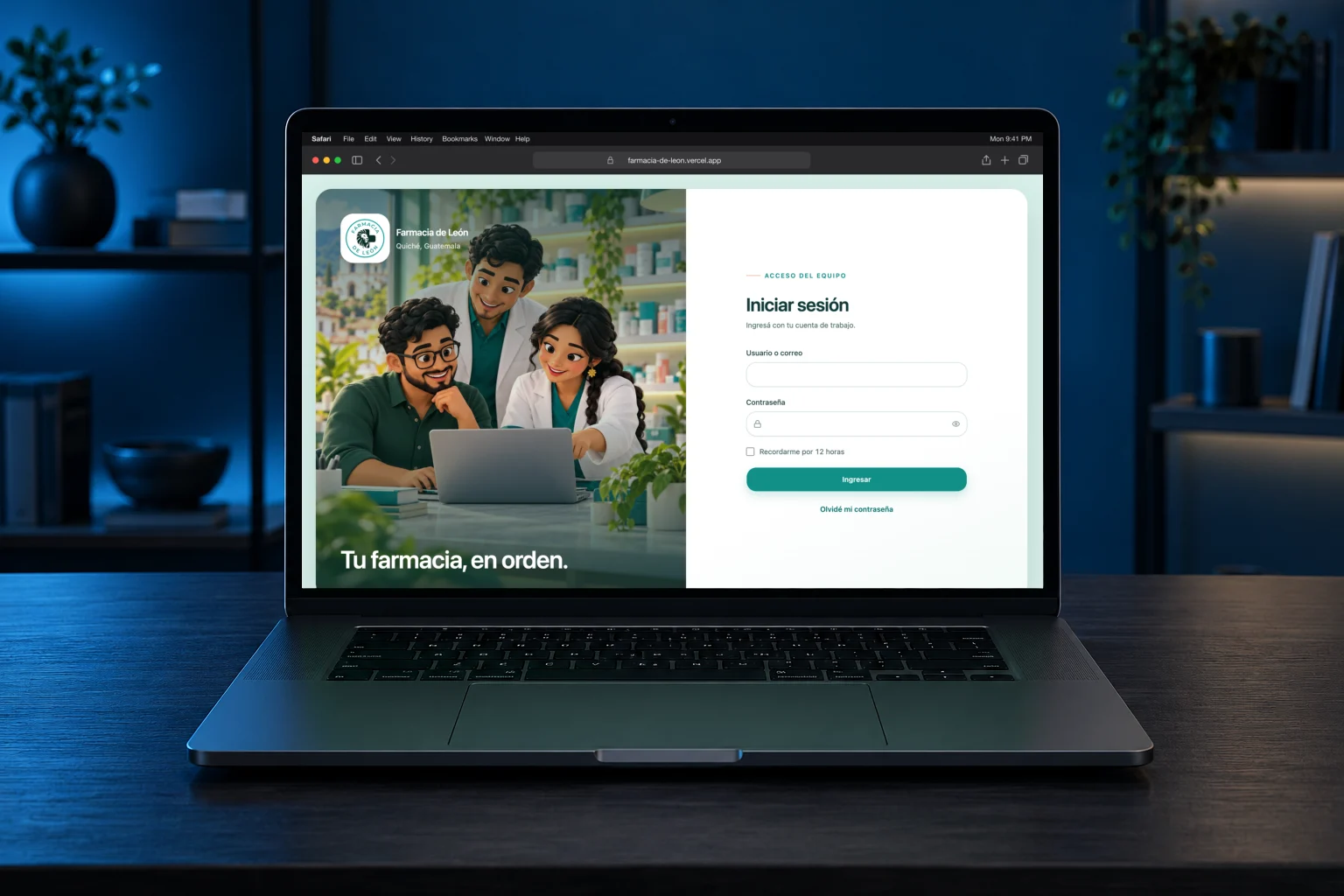 Farmacia de León’s team app sign-in screen on a laptop