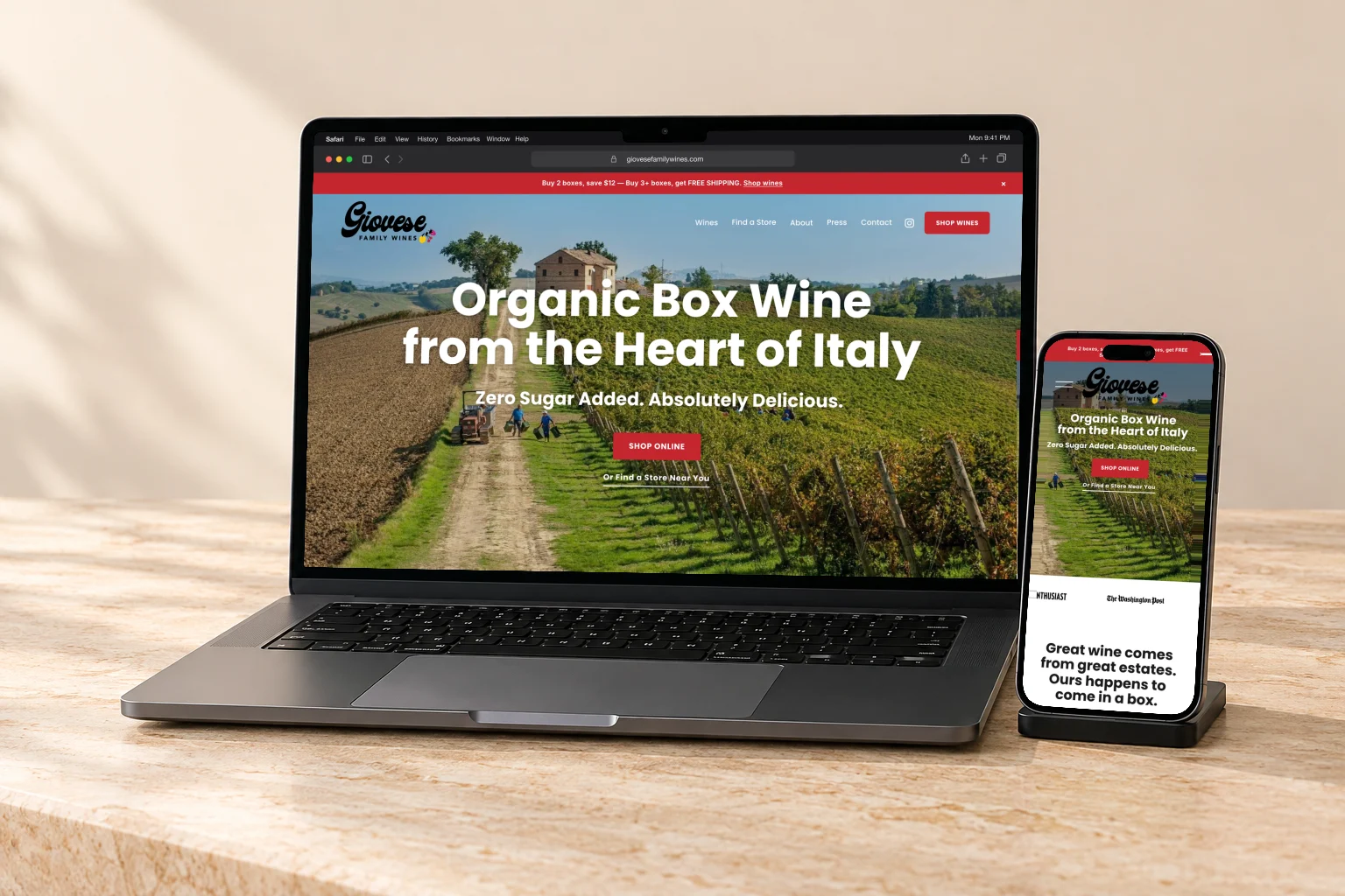 Giovese Family Wines’ Shopify store on a laptop and a phone