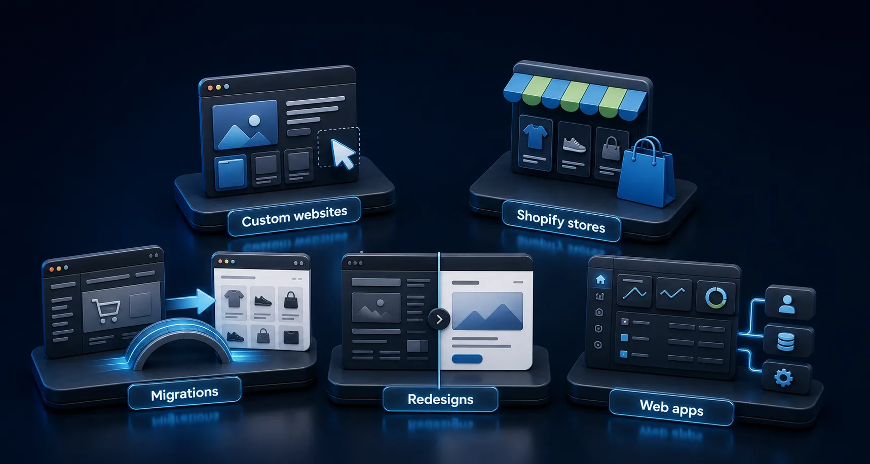 Five separate service visuals for custom websites, Shopify stores, migrations, redesigns, and web apps