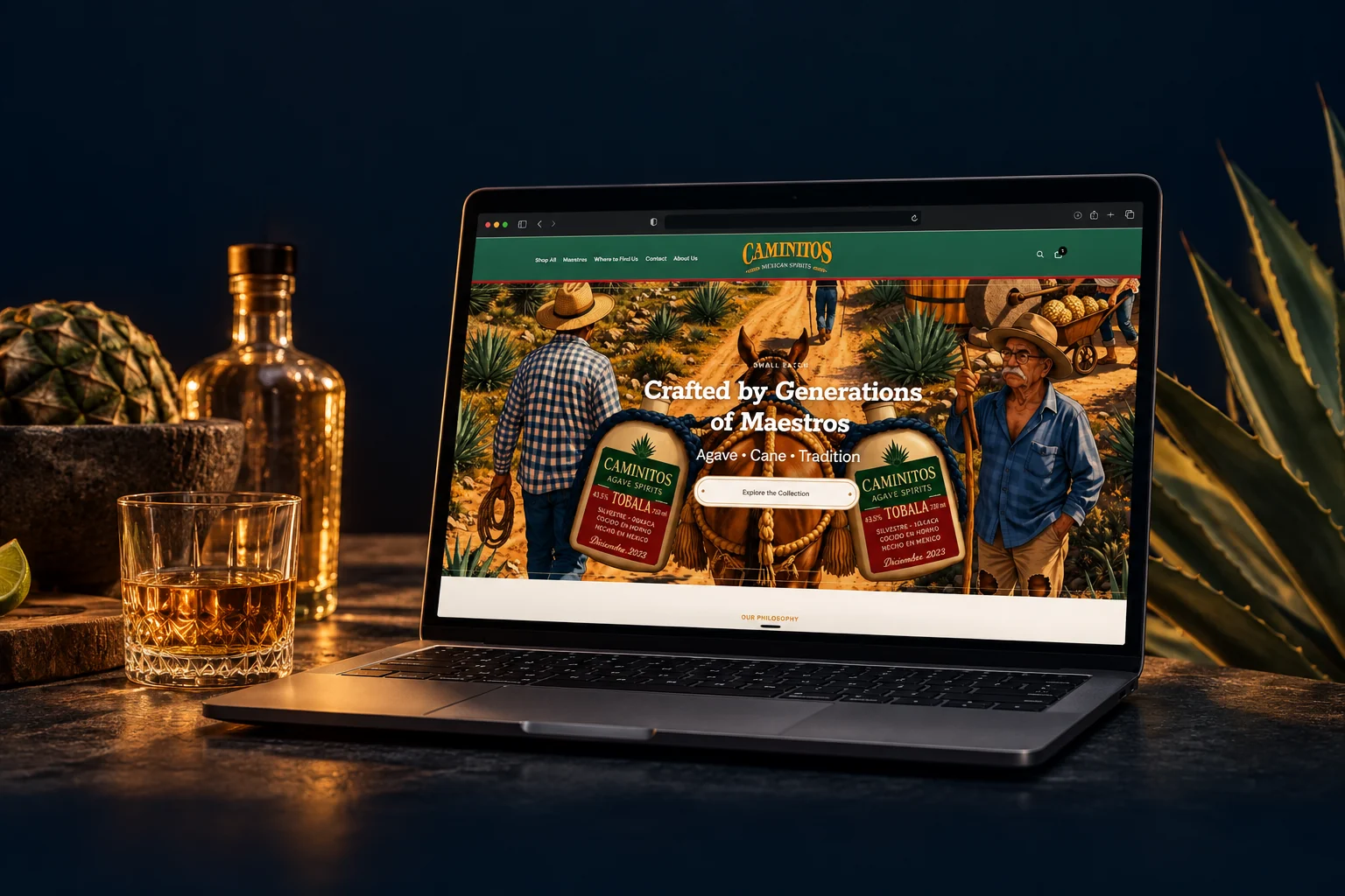 Caminitos Tequila website presented in an editorial laptop mockup.