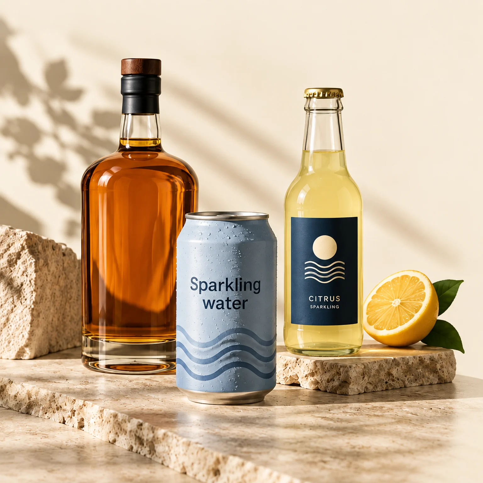 Spirits, sparkling water and citrus drinks on warm beige stone.
