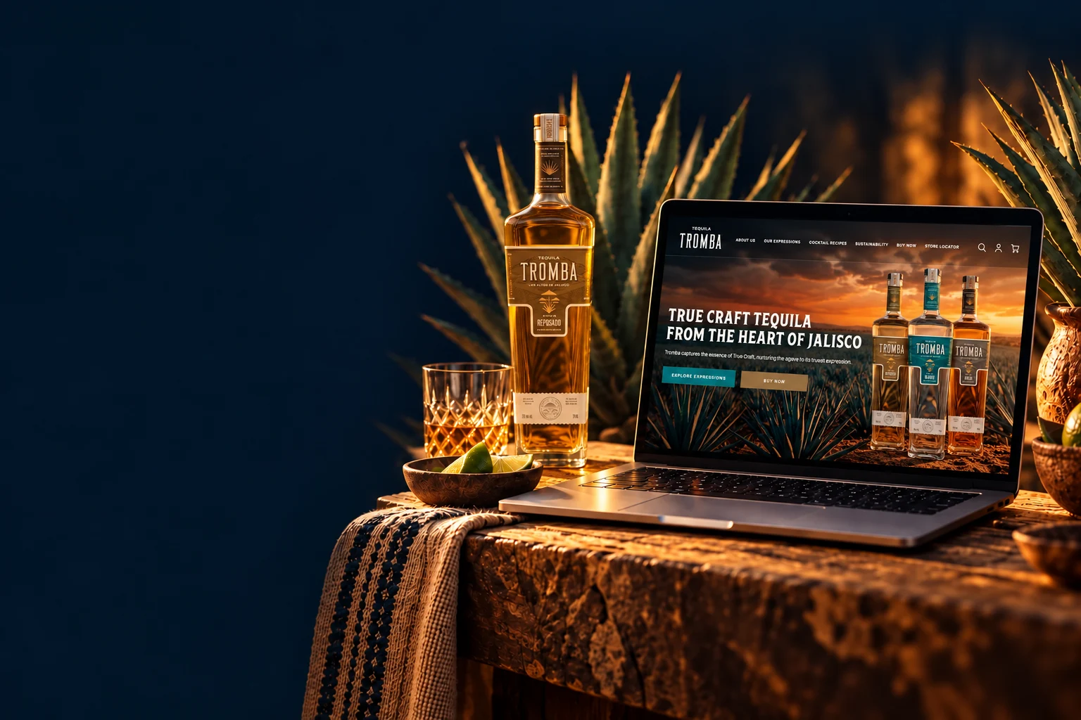 Tromba Tequila website on a laptop beside a Tromba Reposado bottle and agave.