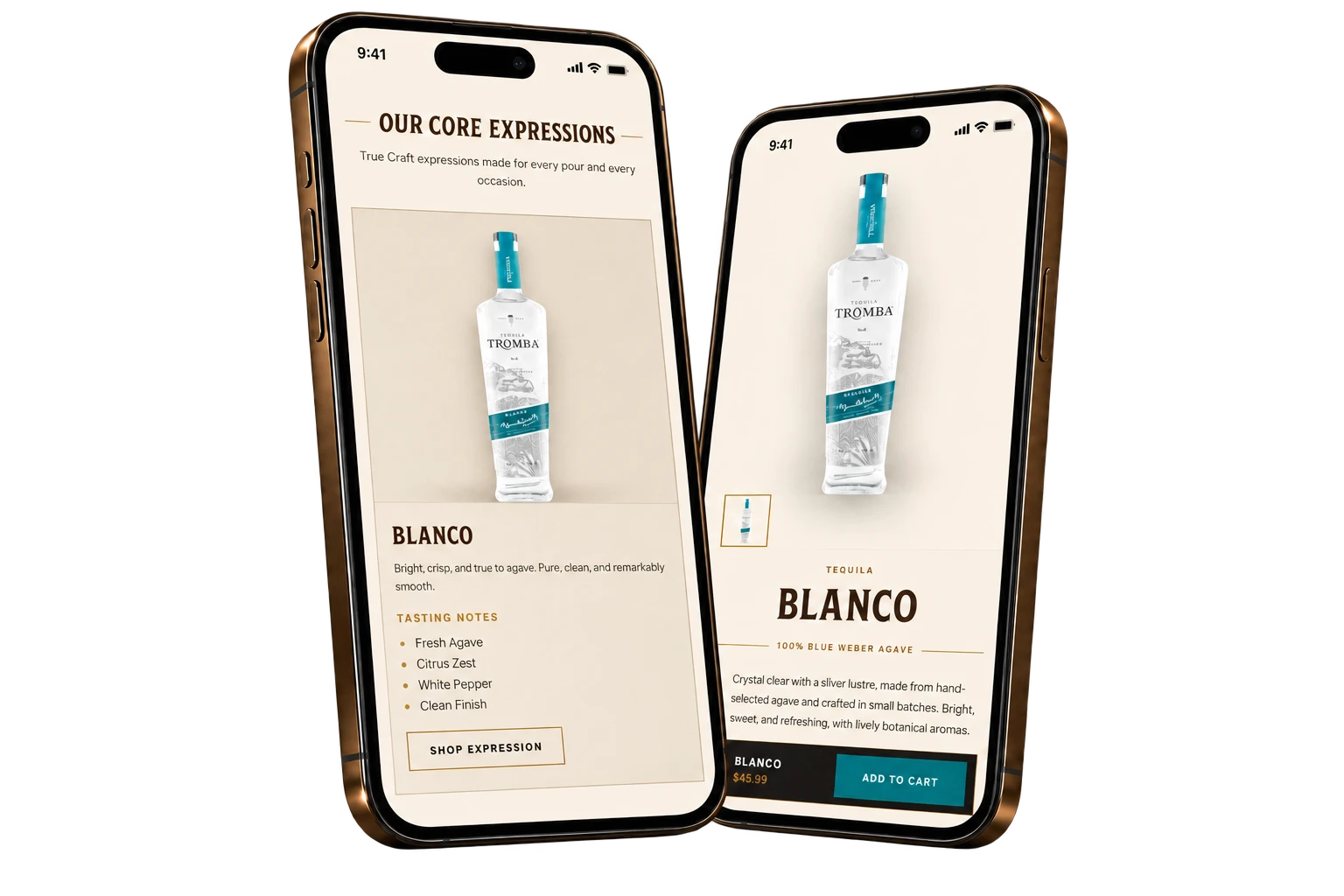 Two phone mockups using the Tromba product range and Blanco product page screenshots.