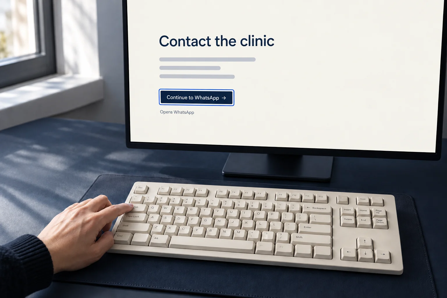 Illustration of keyboard navigation with visible focus on a Continue to WhatsApp link, without a booking form.