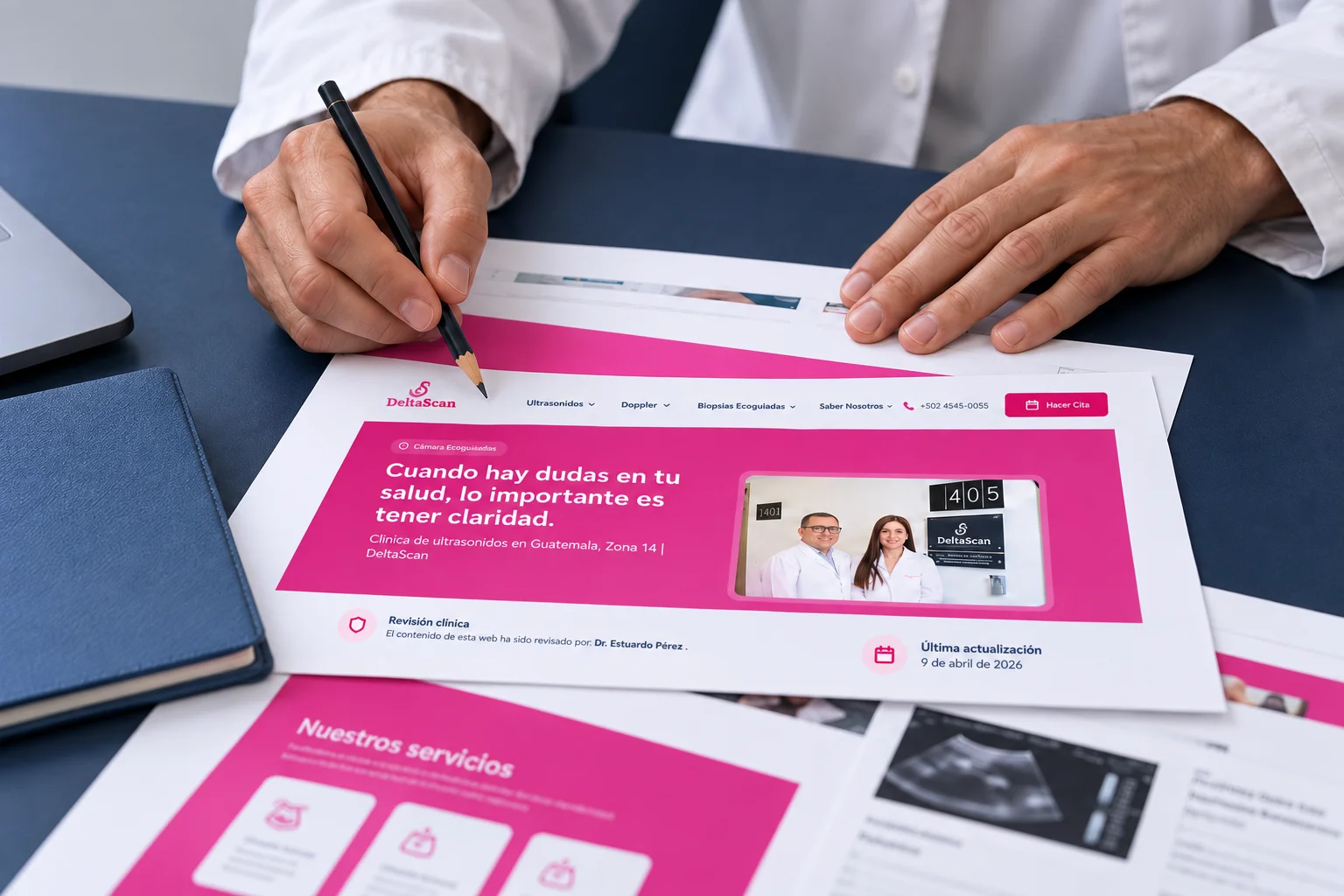 Illustration of a clinical content review using printed DeltaScan page proofs.
