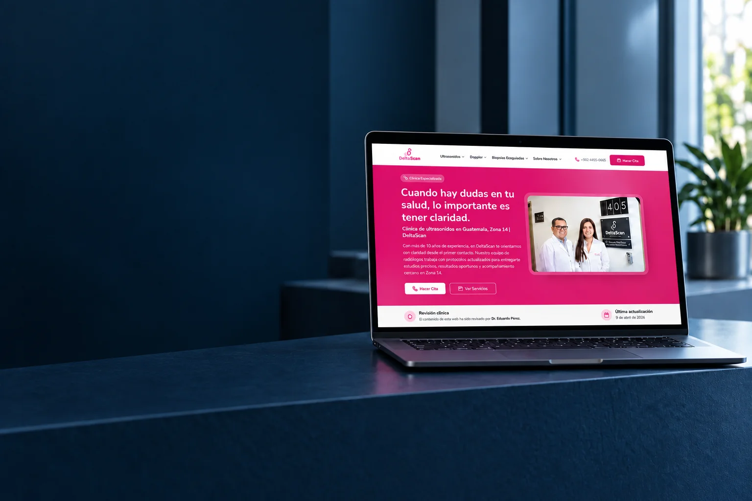 DeltaScan's website displayed on a laptop at a clinic reception desk.
