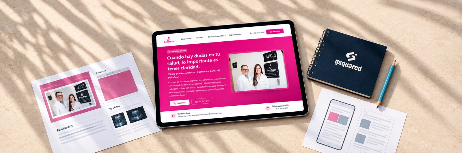 Illustrated working preview of DeltaScan alongside desktop and mobile page plans.