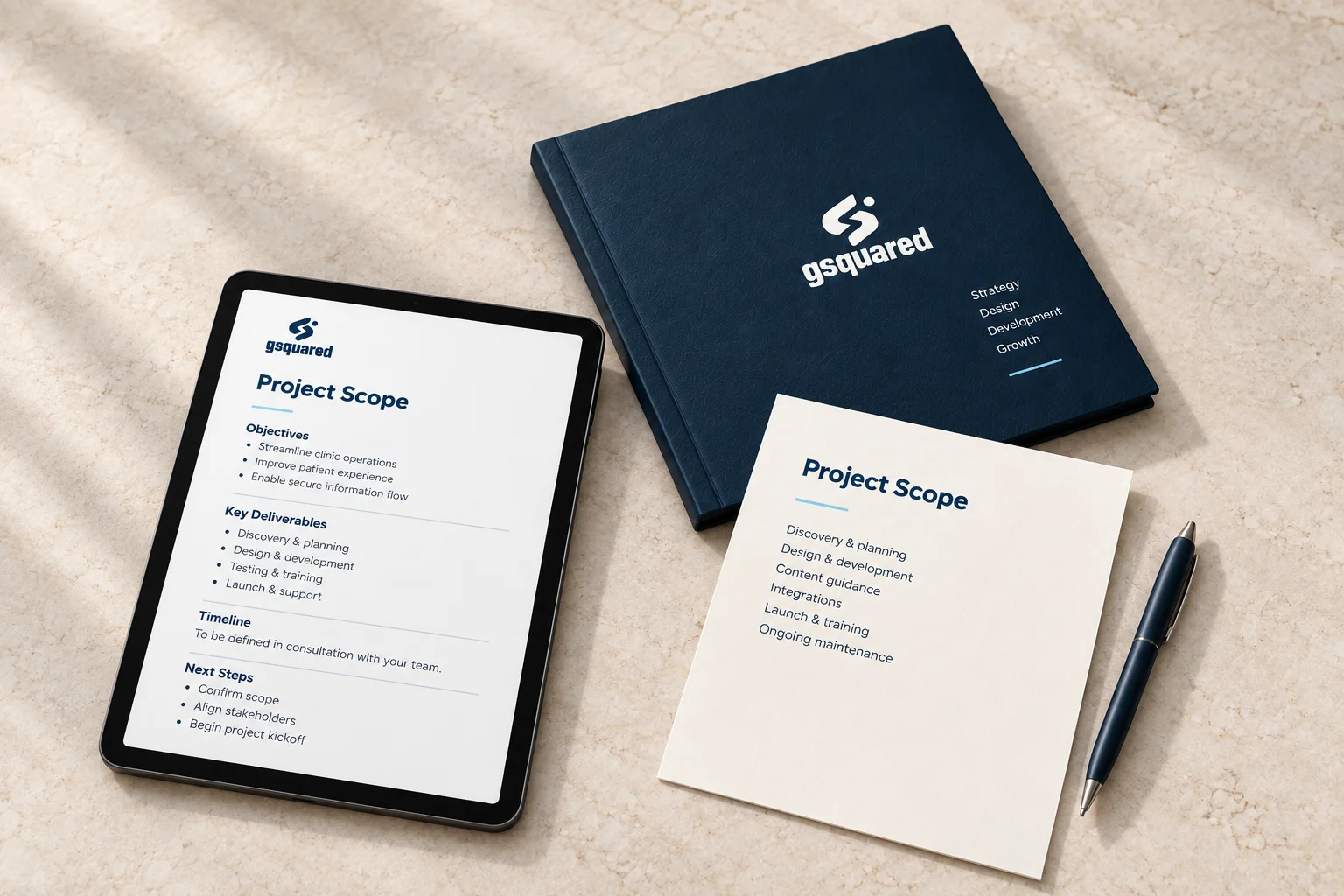GSquared project scope documents and folio on a stone desk.