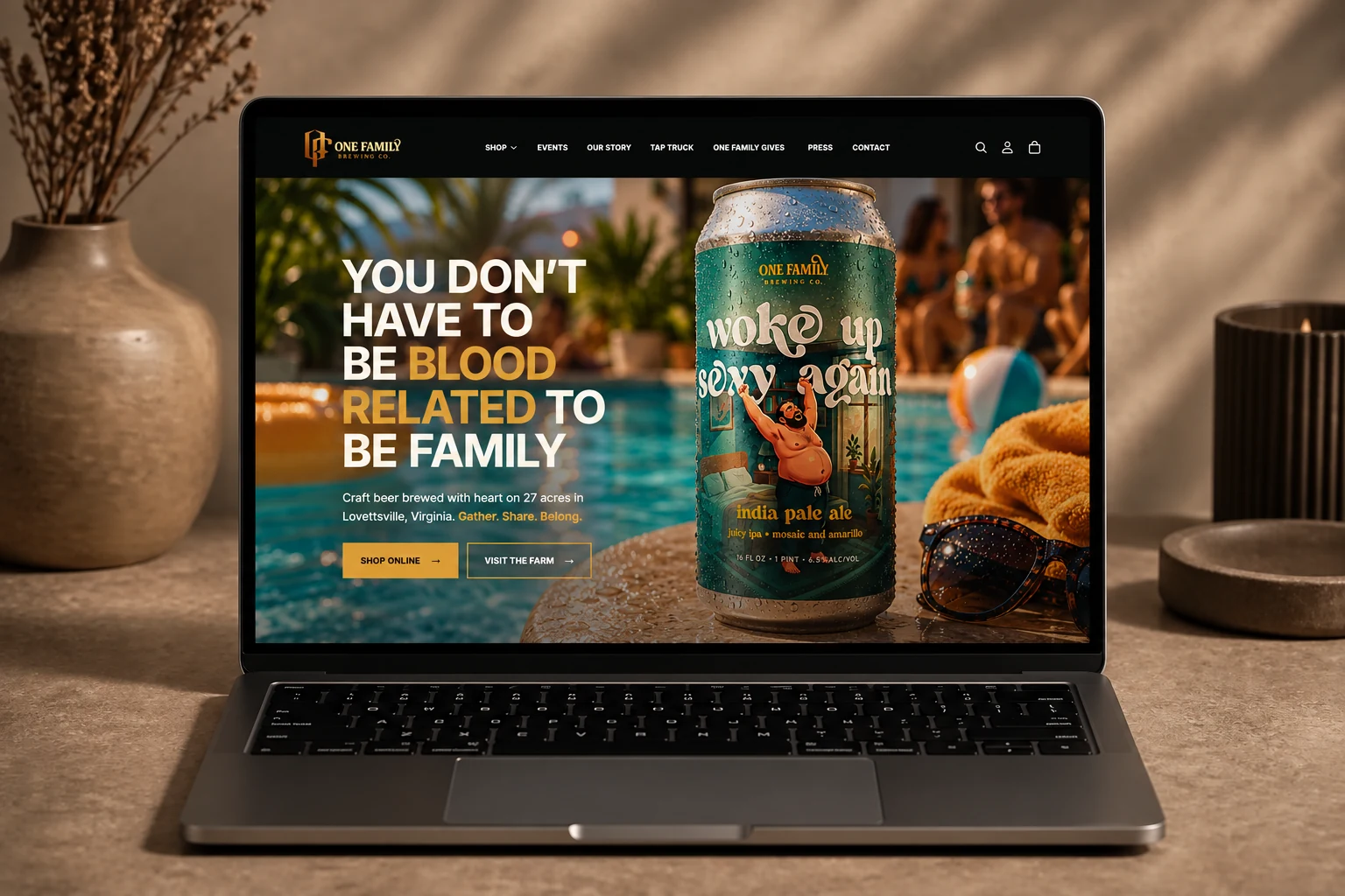 One Family Brewing website redesign shown on a laptop.