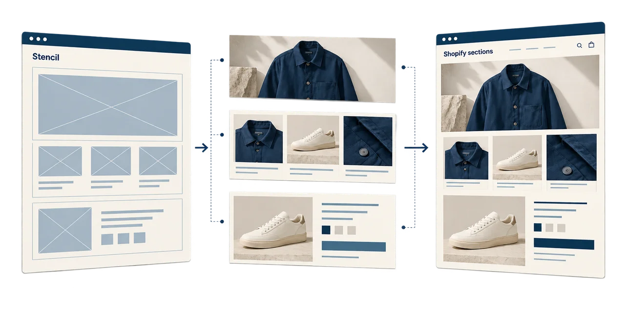 Illustrative rebuild: a Stencil layout is reconstructed into Shopify hero, collection and product sections.