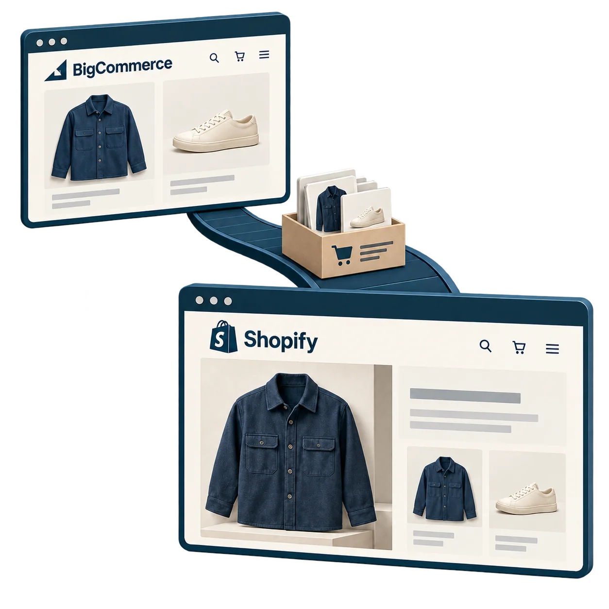 Illustrative migration: the same product catalog moves from a BigCommerce store to a rebuilt Shopify storefront.
