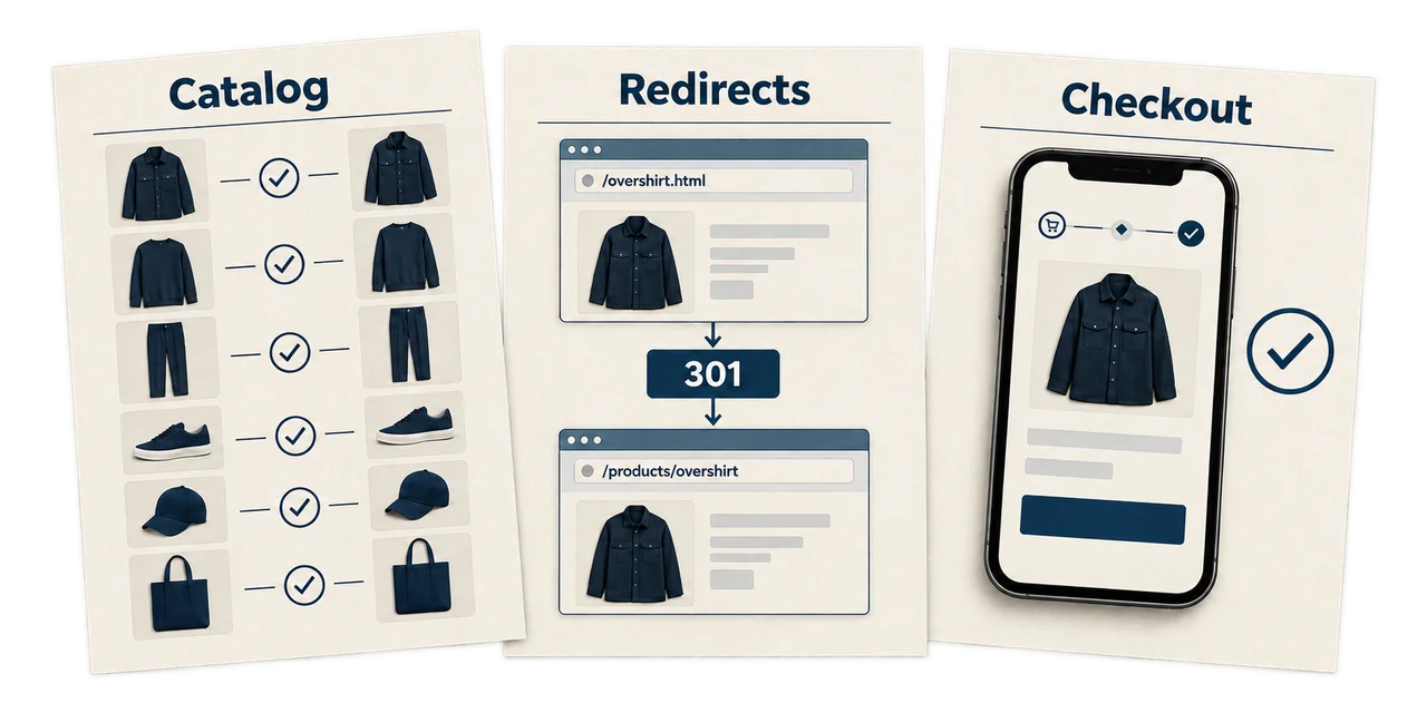 Illustrative launch checks: reconcile catalog records, redirect /overshirt.html to /products/overshirt with a 301, and test checkout.