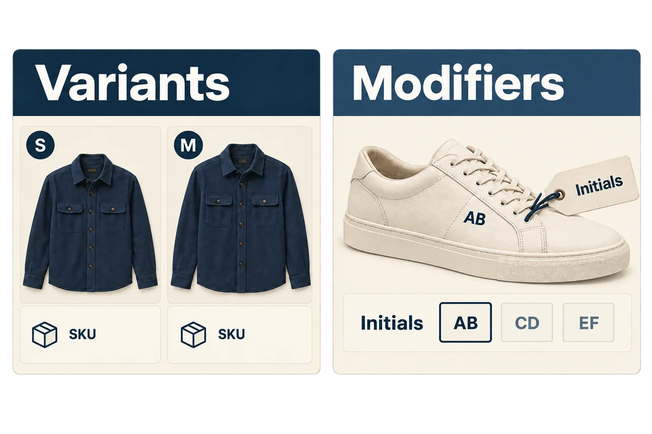 Illustrative catalog: overshirt sizes have separate SKUs; personalized initials on a sneaker are a modifier.