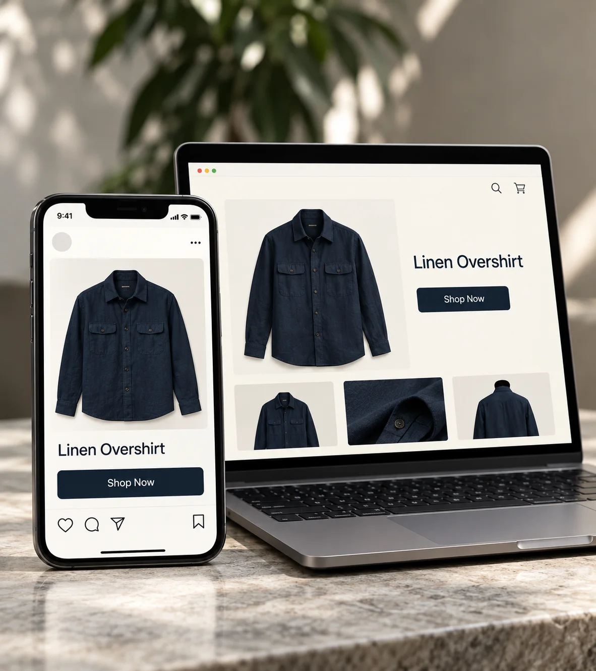 Concept: an overshirt ad and its matching landing page on phone and laptop