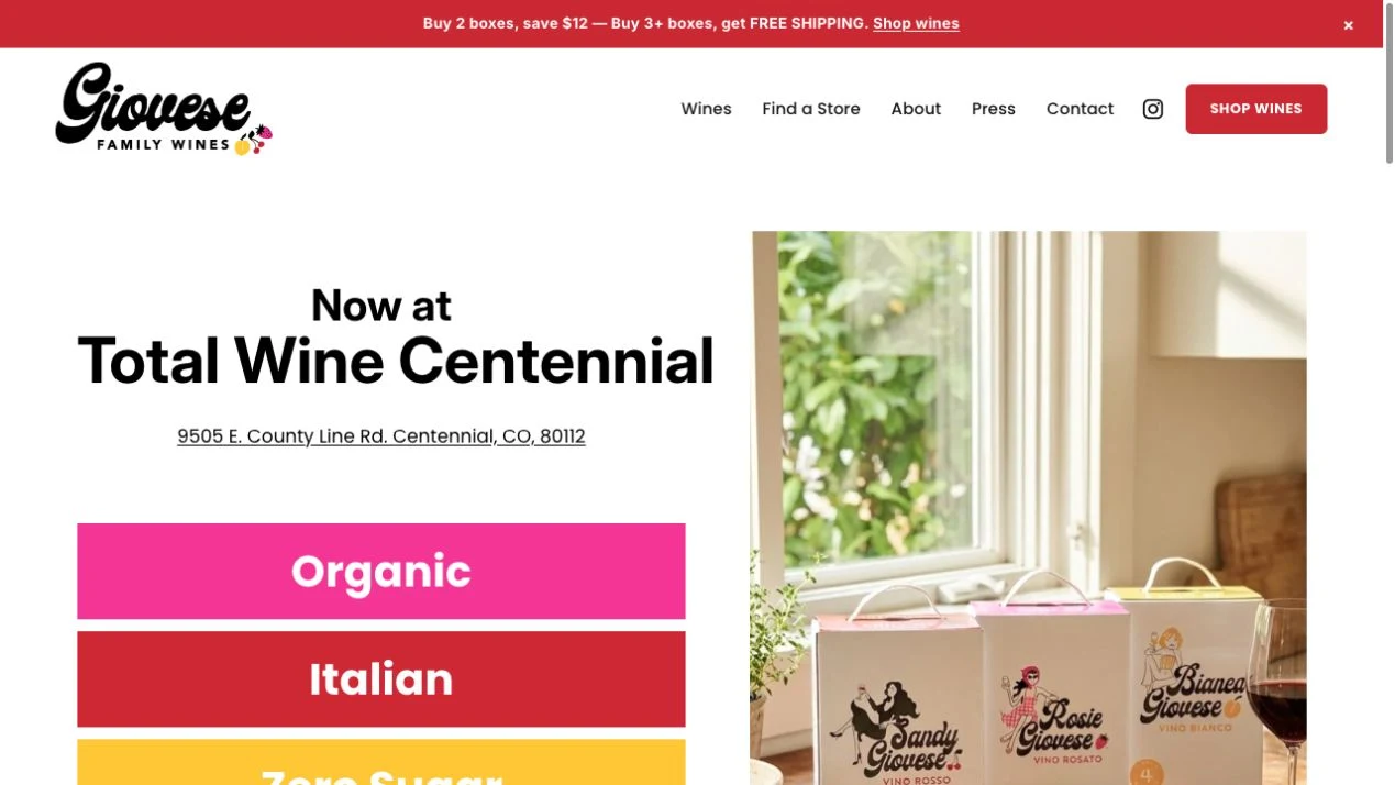 Giovese Family Wines landing page with Total Wine Centennial store information