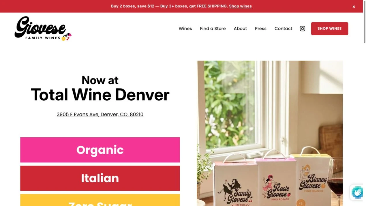 Giovese's Shopify landing page for Total Wine Denver, showing the local address and wine selection