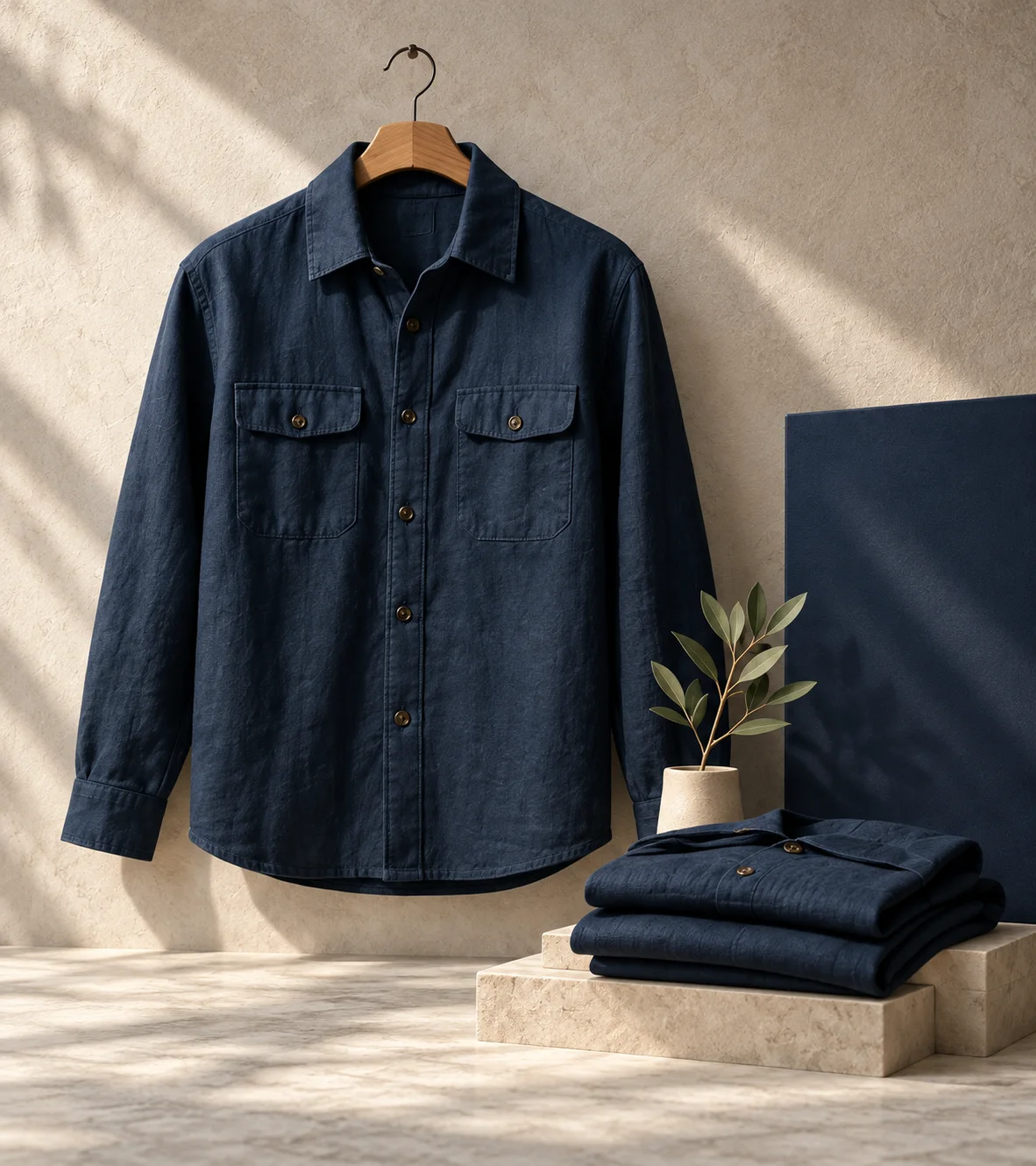 Concept: a navy linen overshirt photographed for a product launch