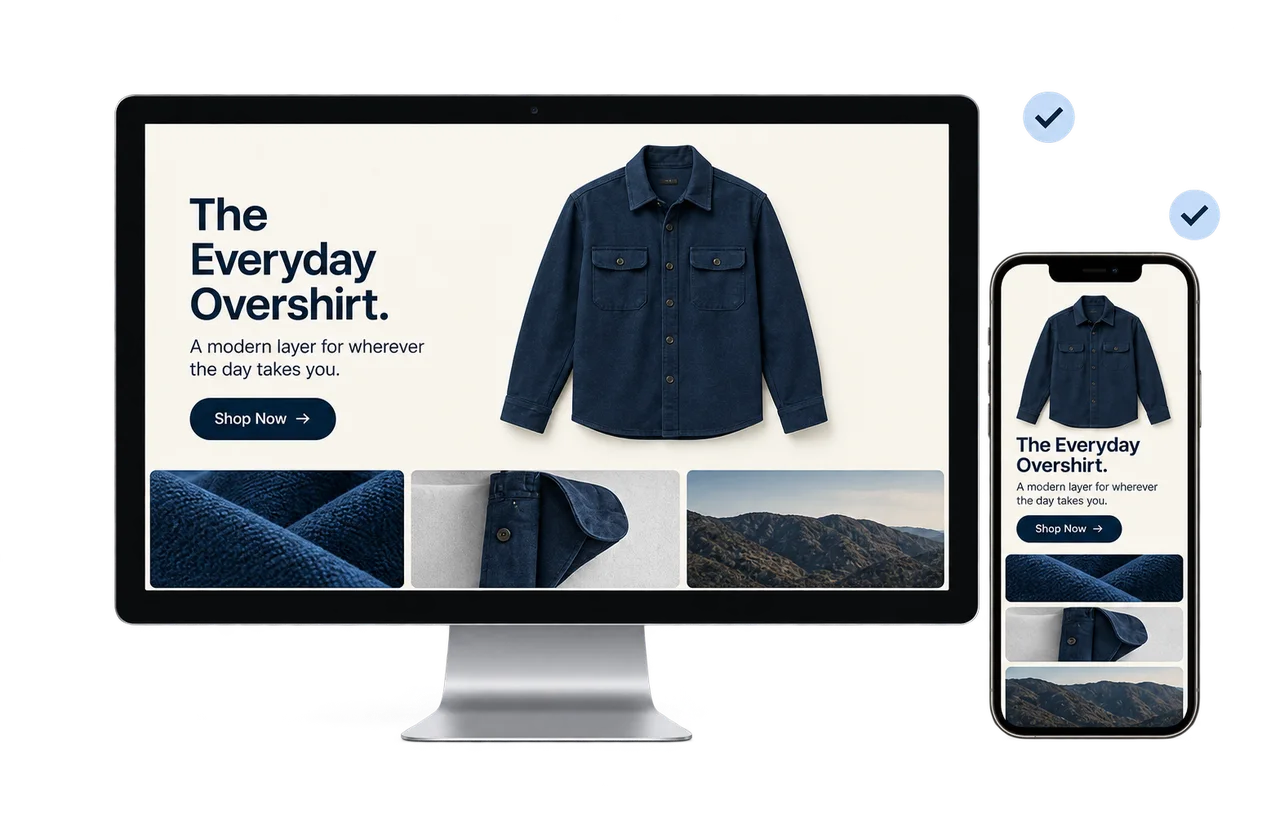 Example clothing landing page reviewed on desktop and mobile before launch
