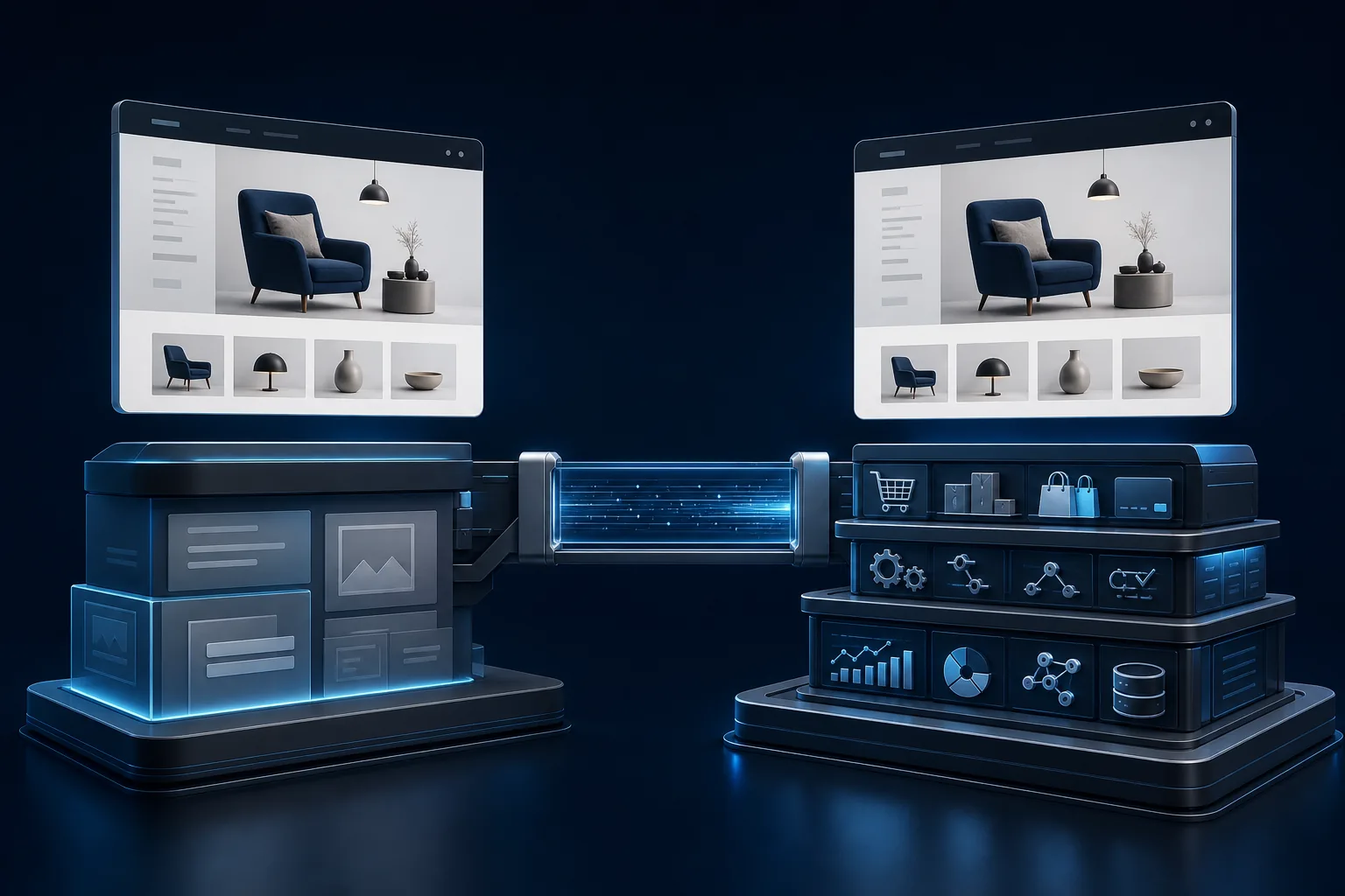 Illustration of the same Wix storefront moving to a stronger Shopify commerce foundation