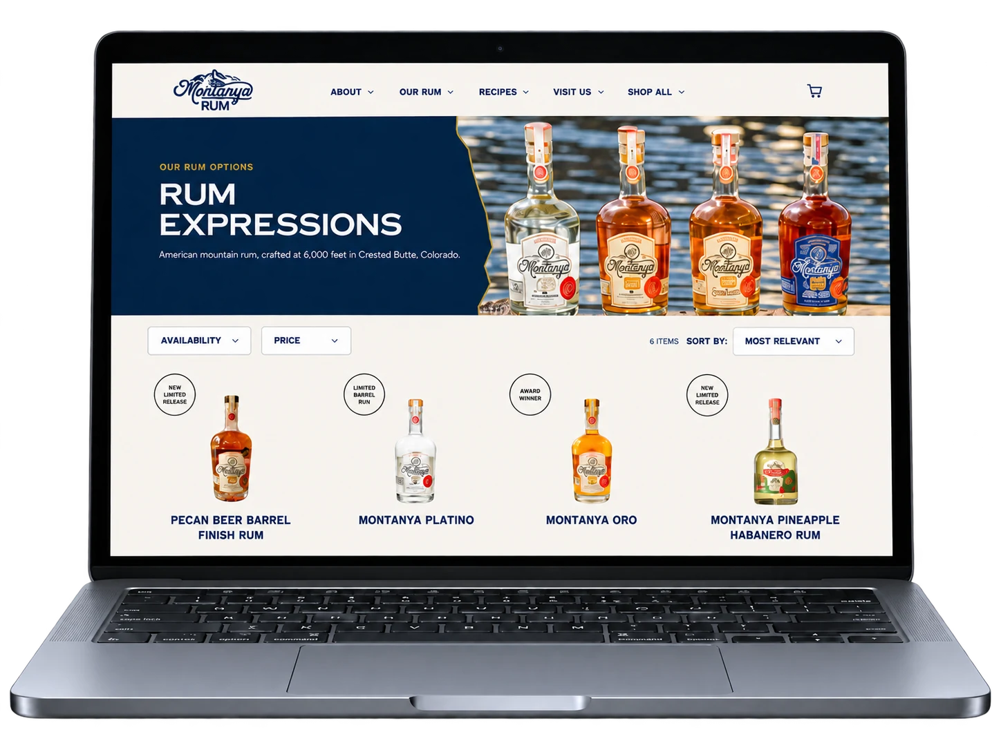 Montanya Rum product listing with rum expressions and filters