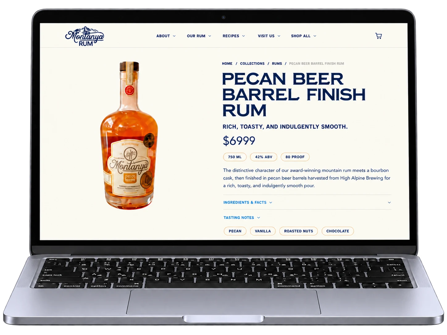 Montanya Rum product detail with size, price, and tasting notes