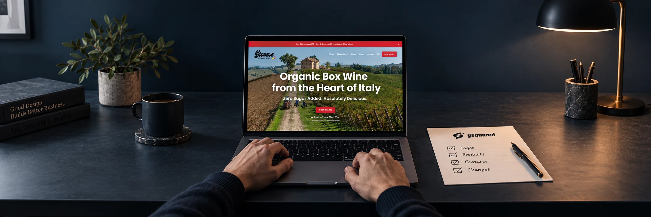 A Shopify storefront preview reviewed alongside a checklist for pages, products, features, and changes