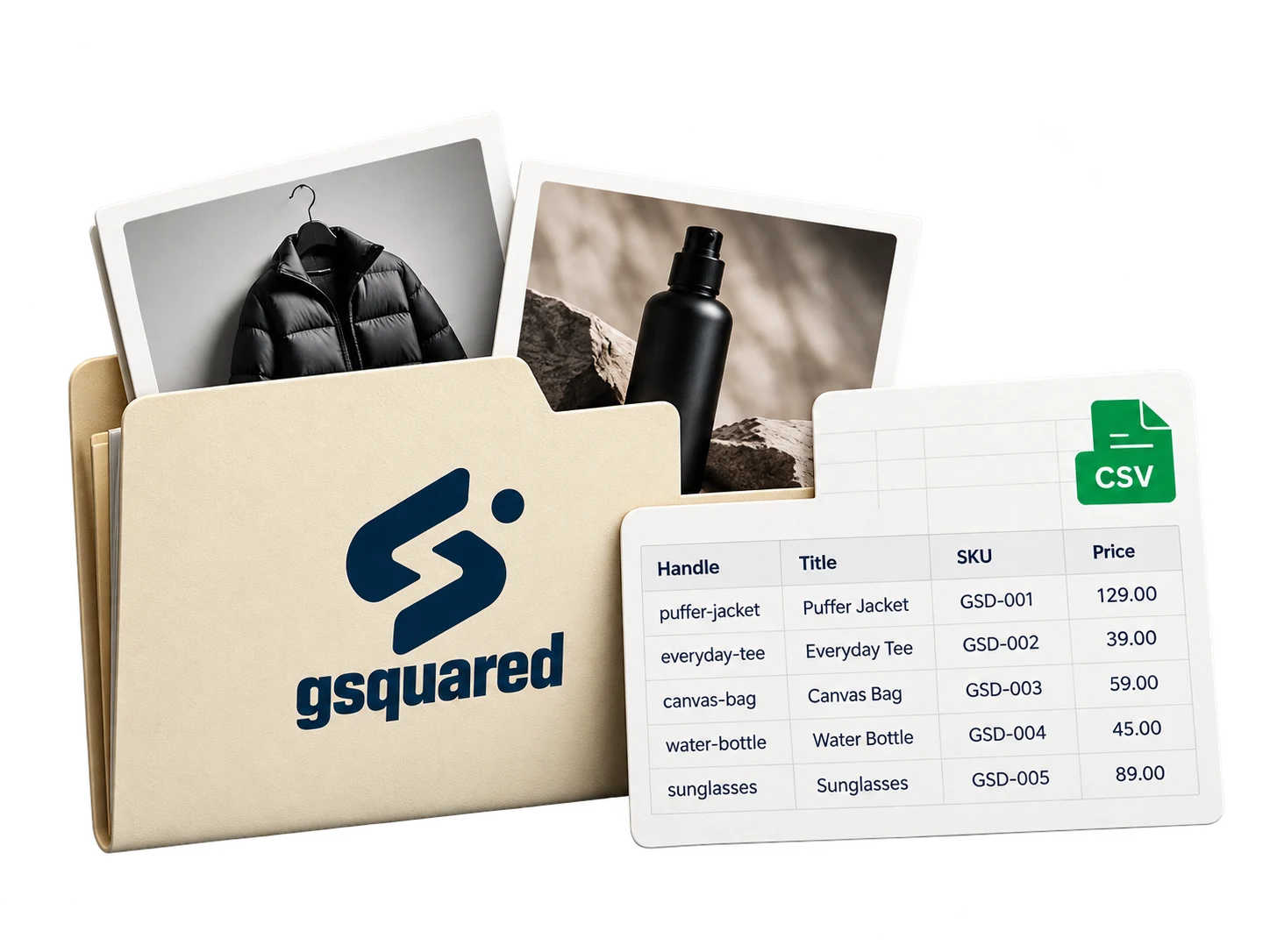 GSquared folder of product photographs and a sample CSV spreadsheet.