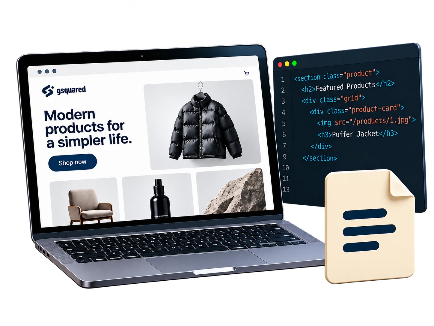 A storefront beside theme code and a content document, showing the separate rebuild work.