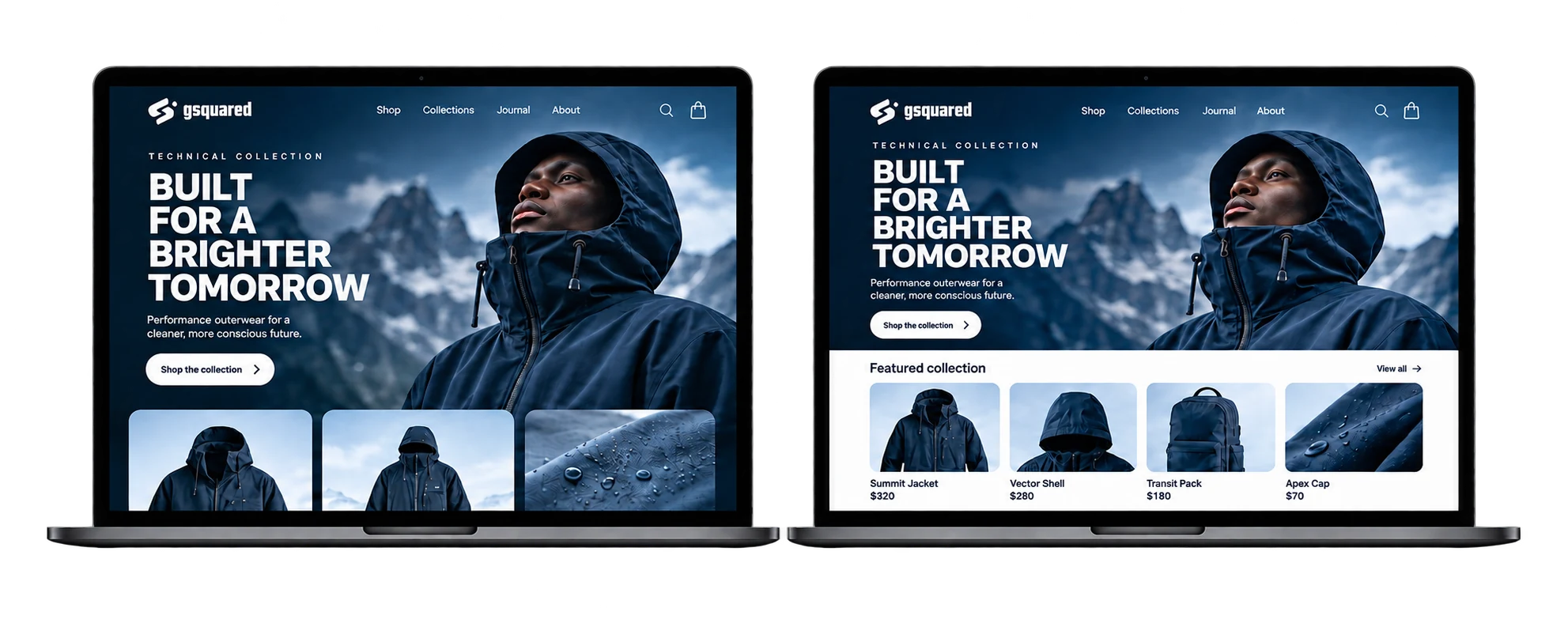 Two GSquared outerwear storefront mockups comparing a Wix layout reference and its Shopify rebuild plan.