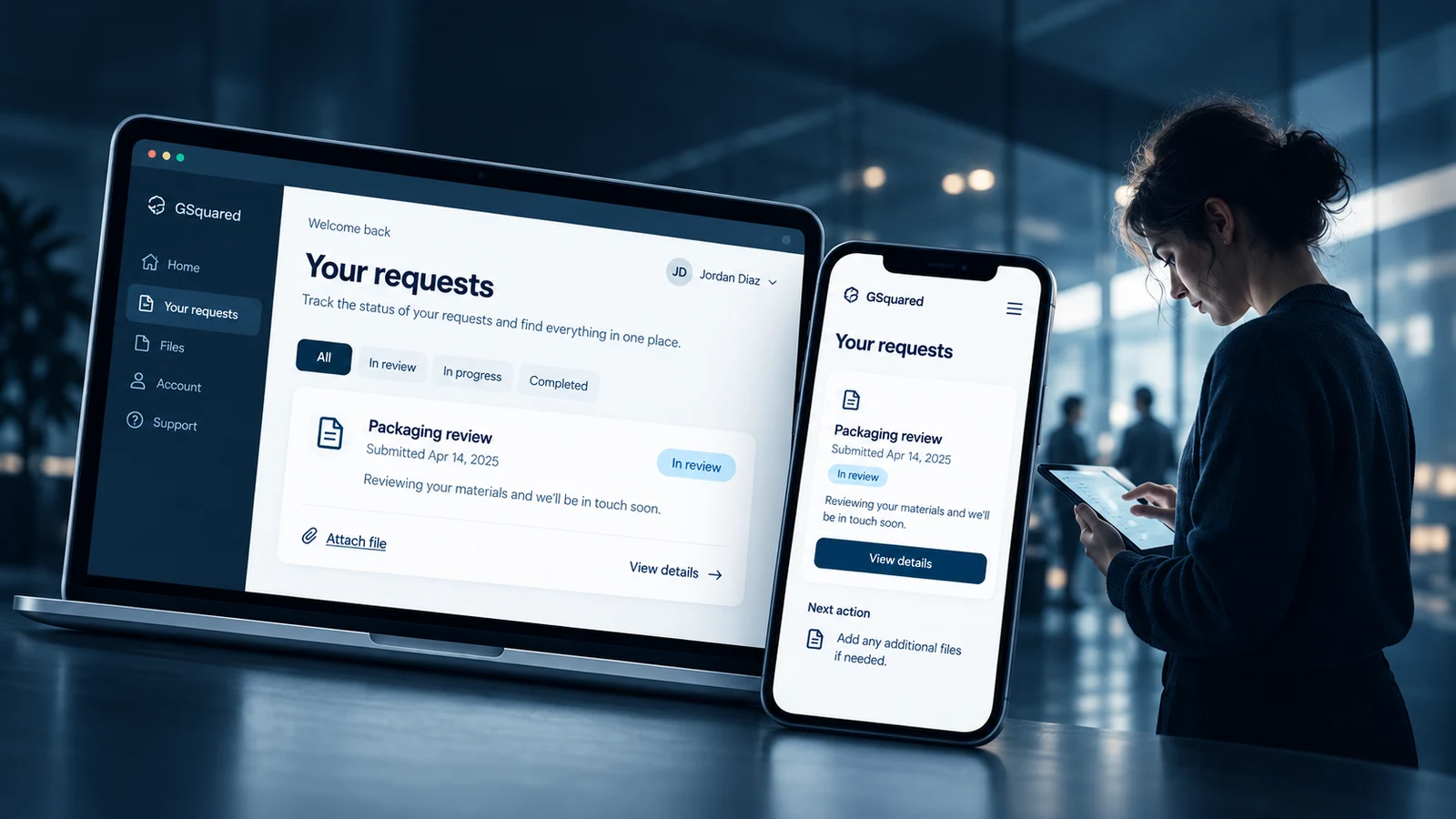 Customer portal concept displaying a packaging review request on desktop and mobile