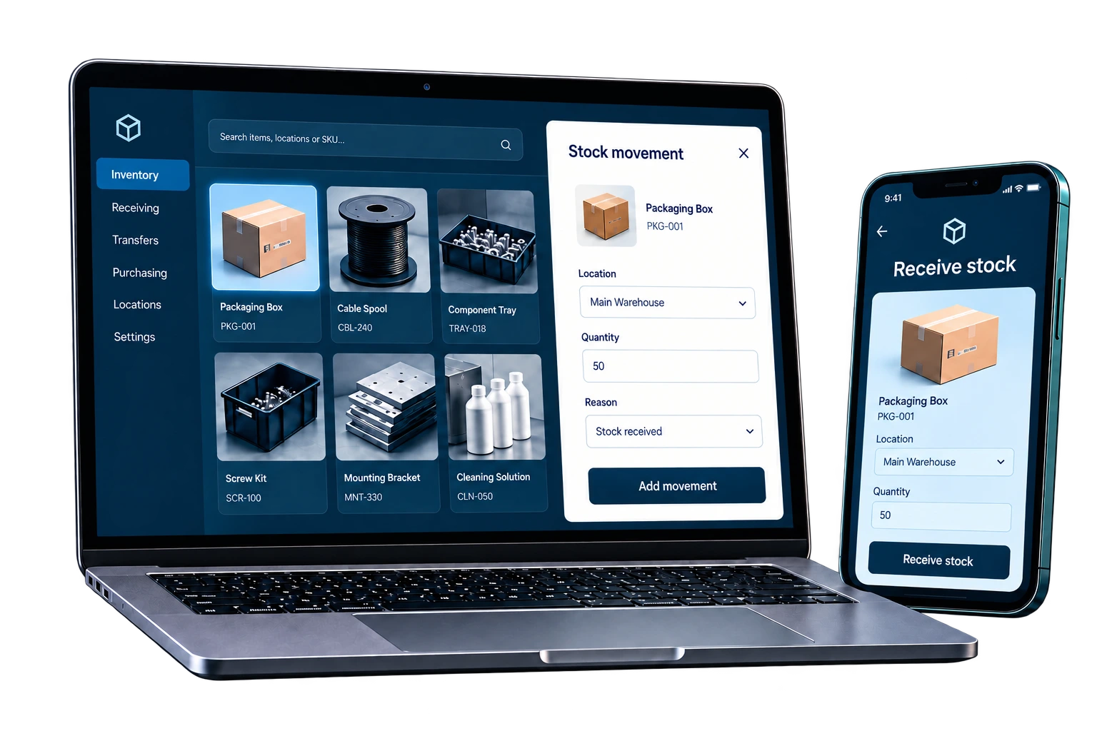 Inventory concept on a laptop and phone, with product records and a stock movement form